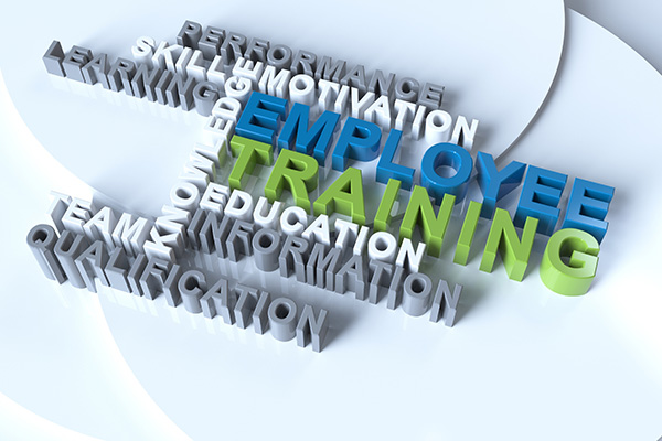 Graphic of various words representing HR and employee trainings